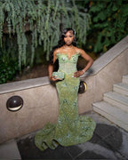 Green Mermaid Long Evening Gown Shinny Prom Dress