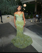 Green Mermaid Long Evening Gown Shinny Prom Dress