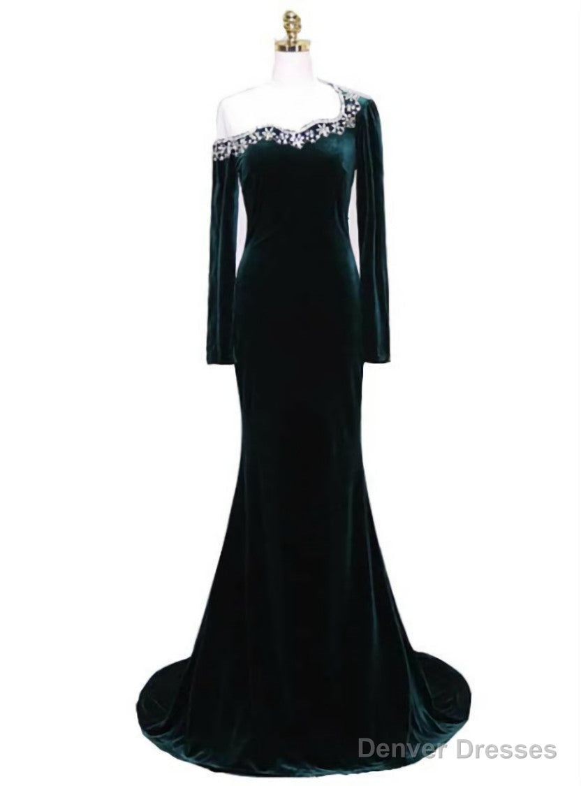Green Mermaid Long Sleeve Velvet Prom Dress With Crystal Main image