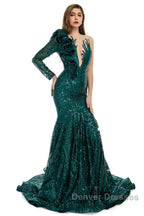 Orange Mermaid One Sleeve Prom Dress Sequined Lace Jewel Ruffles Evening Party Dress with Appliques