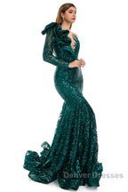 Orange Mermaid One Sleeve Prom Dress Sequined Lace Jewel Ruffles Evening Party Dress with Appliques