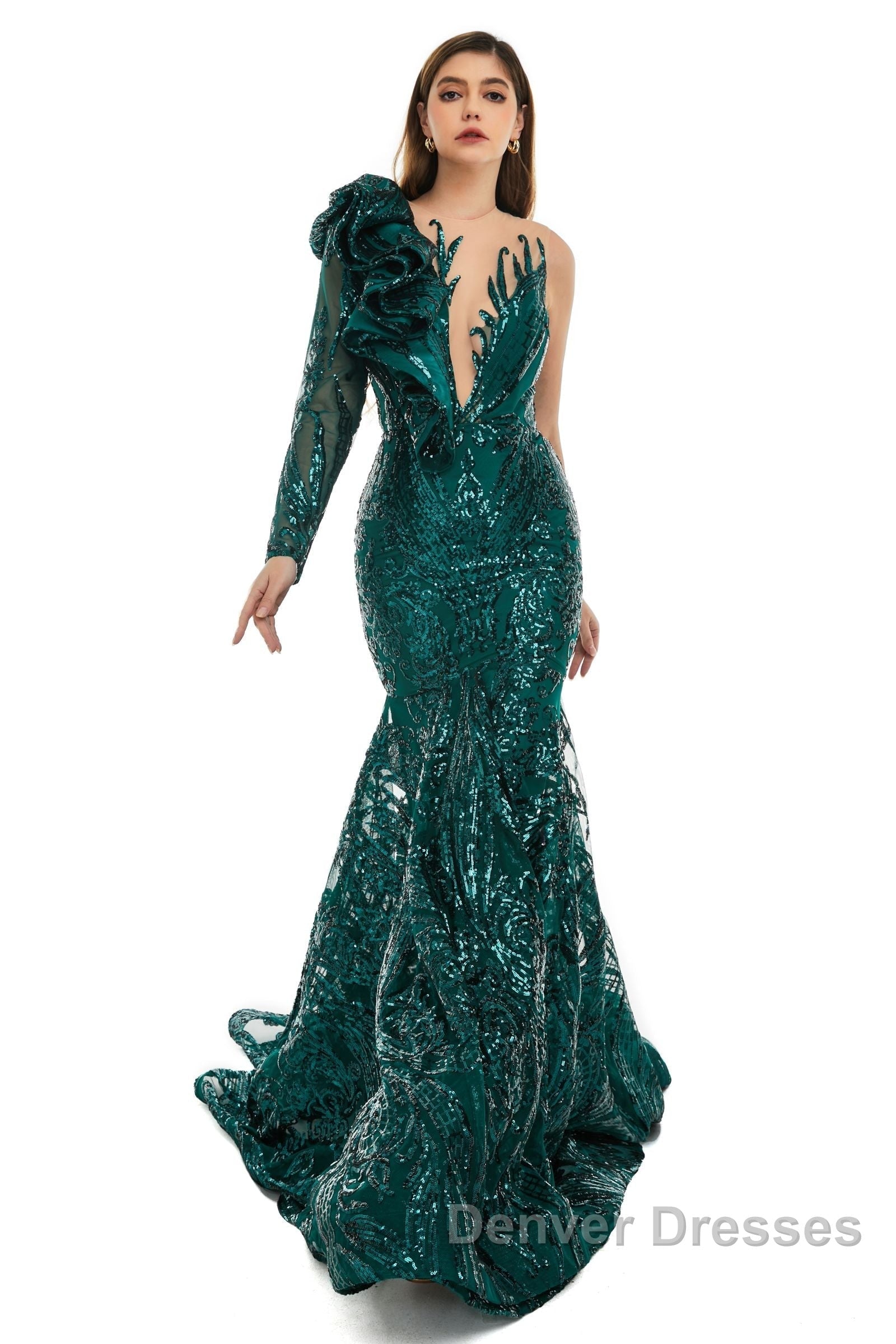 Orange Mermaid One Sleeve Prom Dress Sequined Lace Jewel Ruffles Evening Party Dress with Appliques