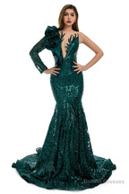 Turquoise Green Mermaid One Sleeve Prom Dresses Sequined Lace Jewel Ruffles Evening Party Dress with Appliques