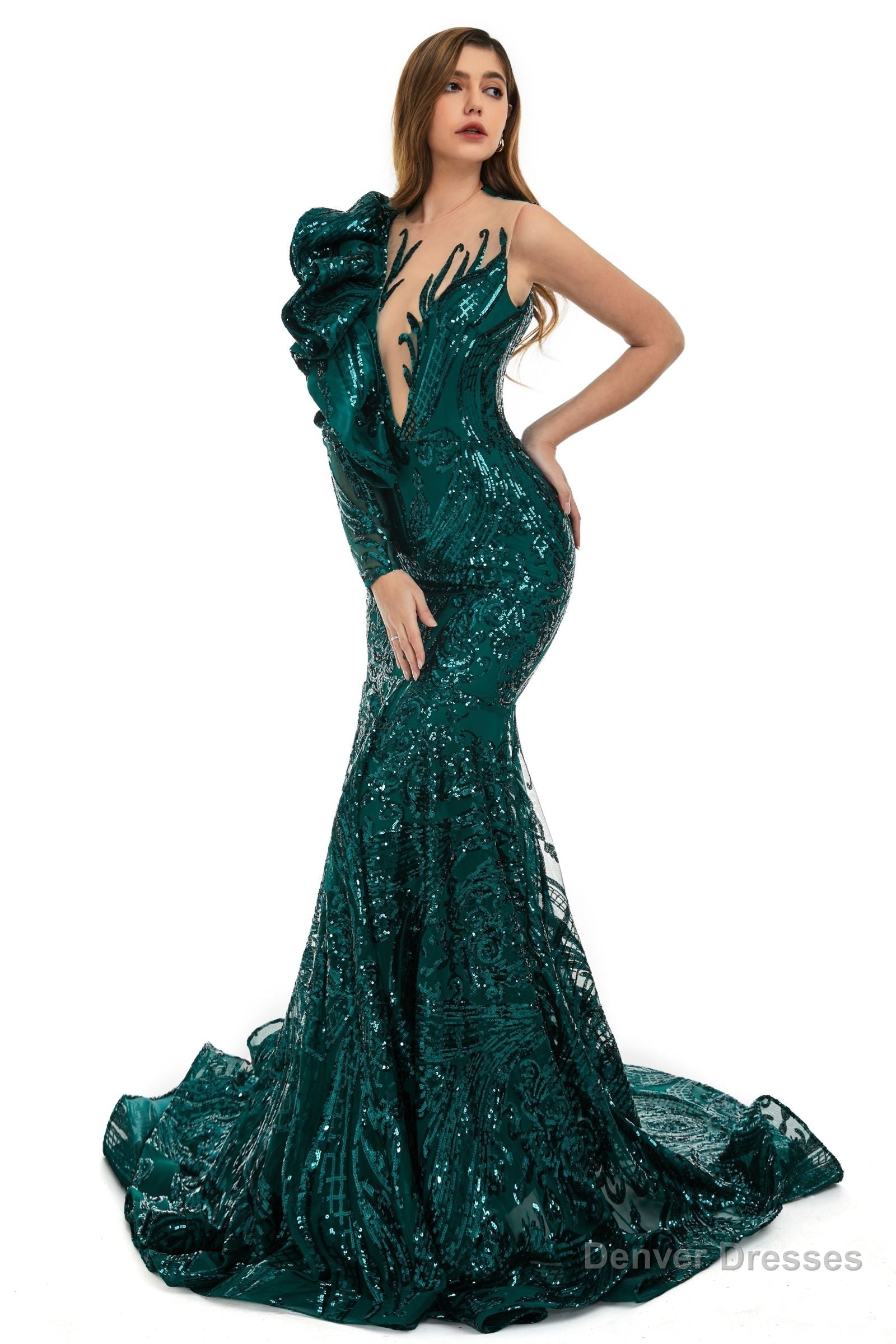 Burgundy Mermaid One Sleeve Prom Dresses Sequined Lace Jewel Ruffles Evening Party Dress with Appliques Main image
