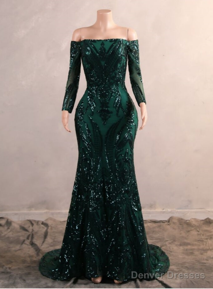 Green Mermaid Sequins Off the Shoulder Long Sleeve Prom Dress Main image