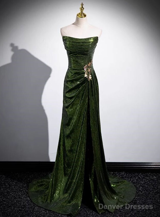 Green Mermaid Sequins Strapless Pleats Prom Dress Main image