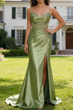 Green Mermaid Spaghetti Straps Pleated Corset Prom Dress