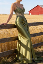 Green Mermaid Spaghetti Straps Pleated Long Corset Satin Prom Dress With Slit
