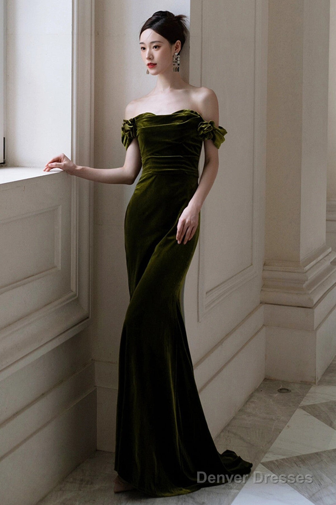 Green Mermaid Sweetheart Off Shoulder Formal Dress, Green Velvet Prom Dress Secondary image