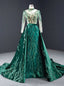 Green Mermaid Velvet High Neck Long Sleeve Sequins Prom Dress With Removable Train