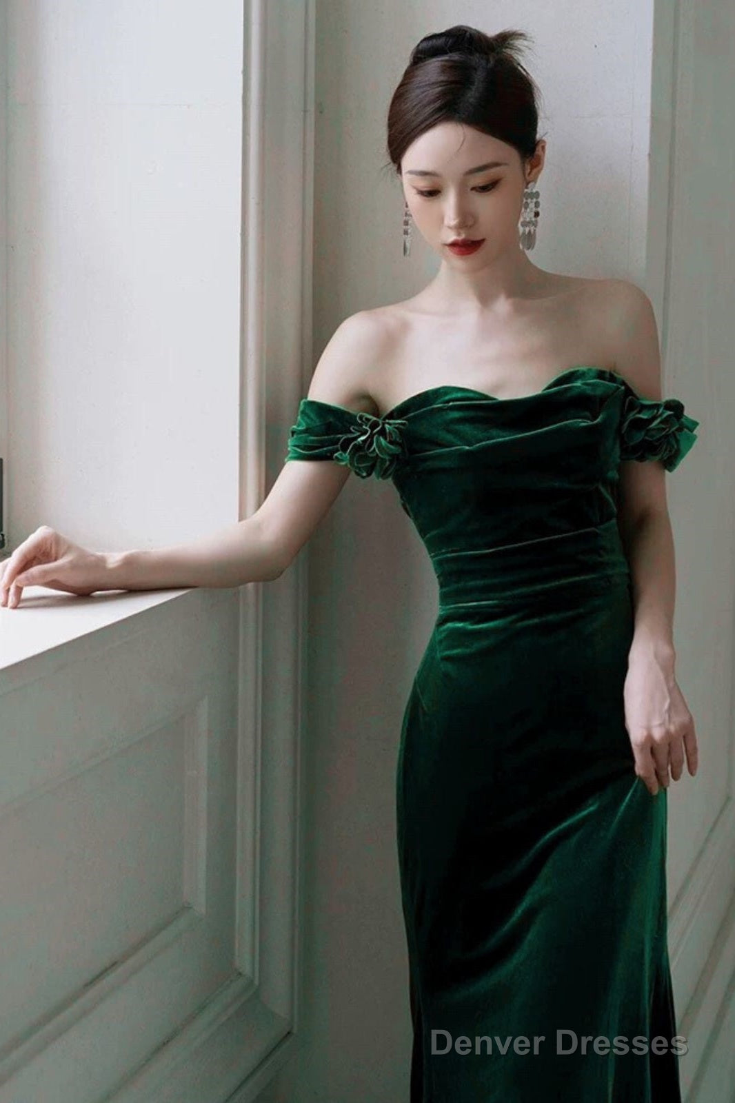 Green Mermaid Velvet Long Wedding Party Dress, Green Velvet Sweetheart Prom Dress Secondary image