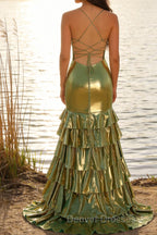 Green Metallic Tiered Mermaid Tie Back Long Prom Dress With Slit