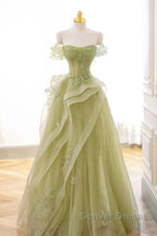 Green Off Shoulder Lace Long Prom Dress, Green Formal Dress