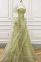 Green Off Shoulder Lace Long Prom Dress, Green Formal Dress
