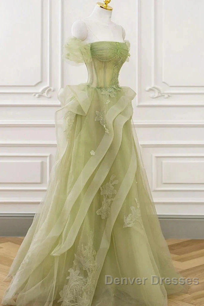 Green Off Shoulder Lace Long Prom Dress, Green Formal Dress