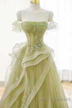 Green Off Shoulder Lace Long Prom Dress, Green Formal Dress