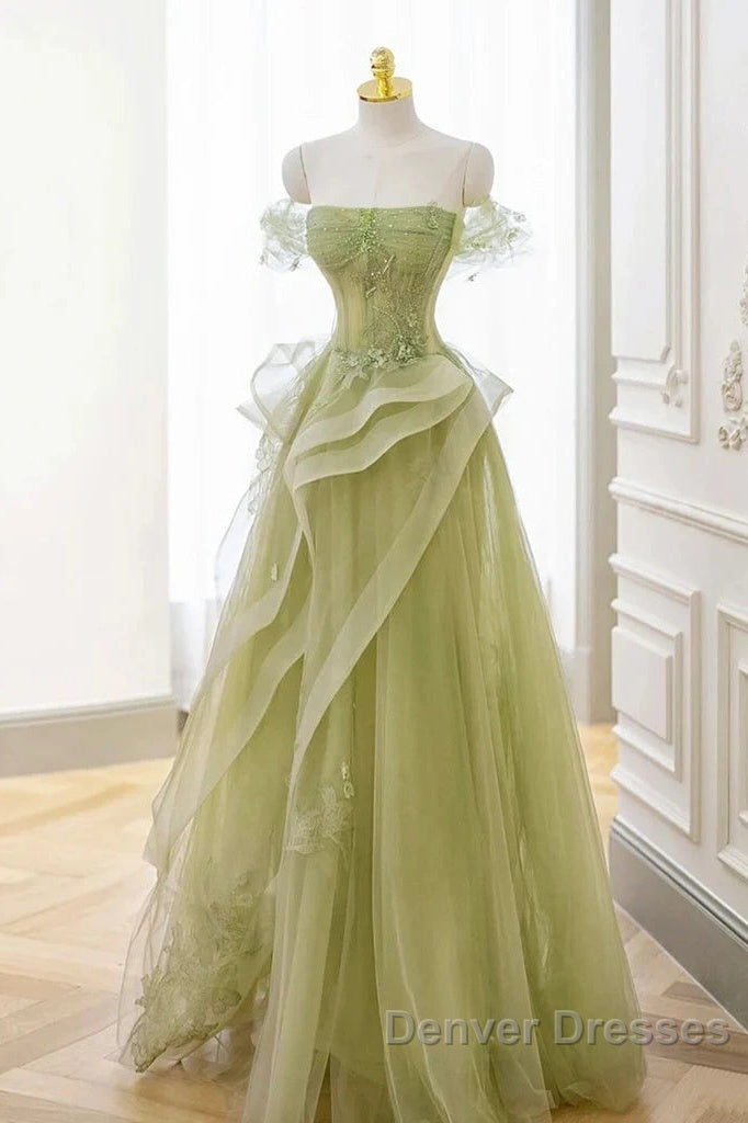 Green Off Shoulder Lace Long Prom Dress, Green Formal Dress