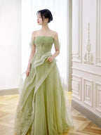 Green Off Shoulder Lace Long Prom Dress, Green Formal Dress