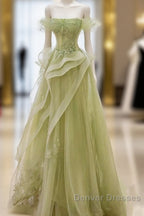 Green Off Shoulder Lace Long Prom Dress, Green Formal Dress