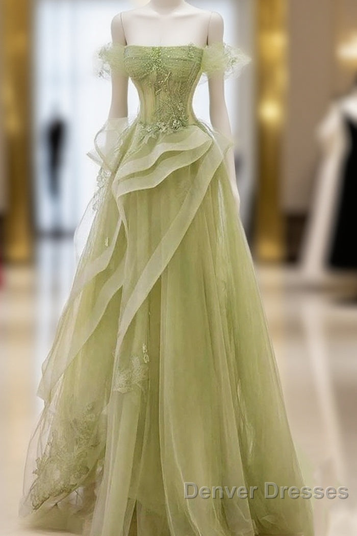 Green Off Shoulder Lace Long Prom Dress, Green Formal Dress