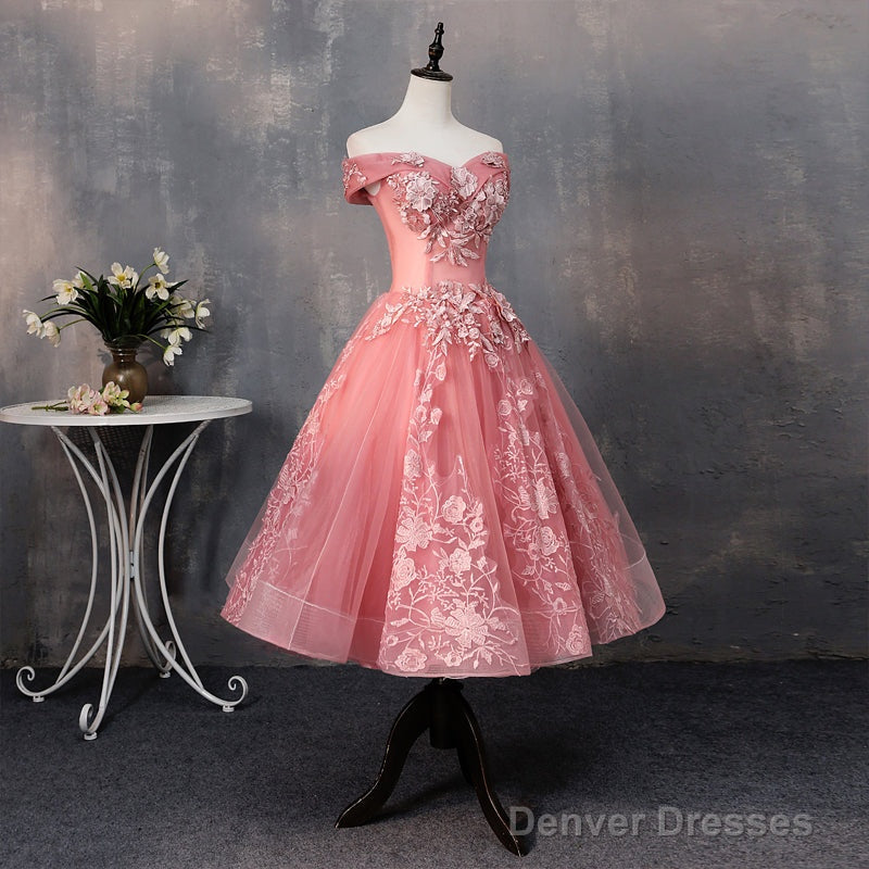 Green Off Shoulder Tea Length Party Dress With Lace, Green Formal Dress Prom Dress Secondary image