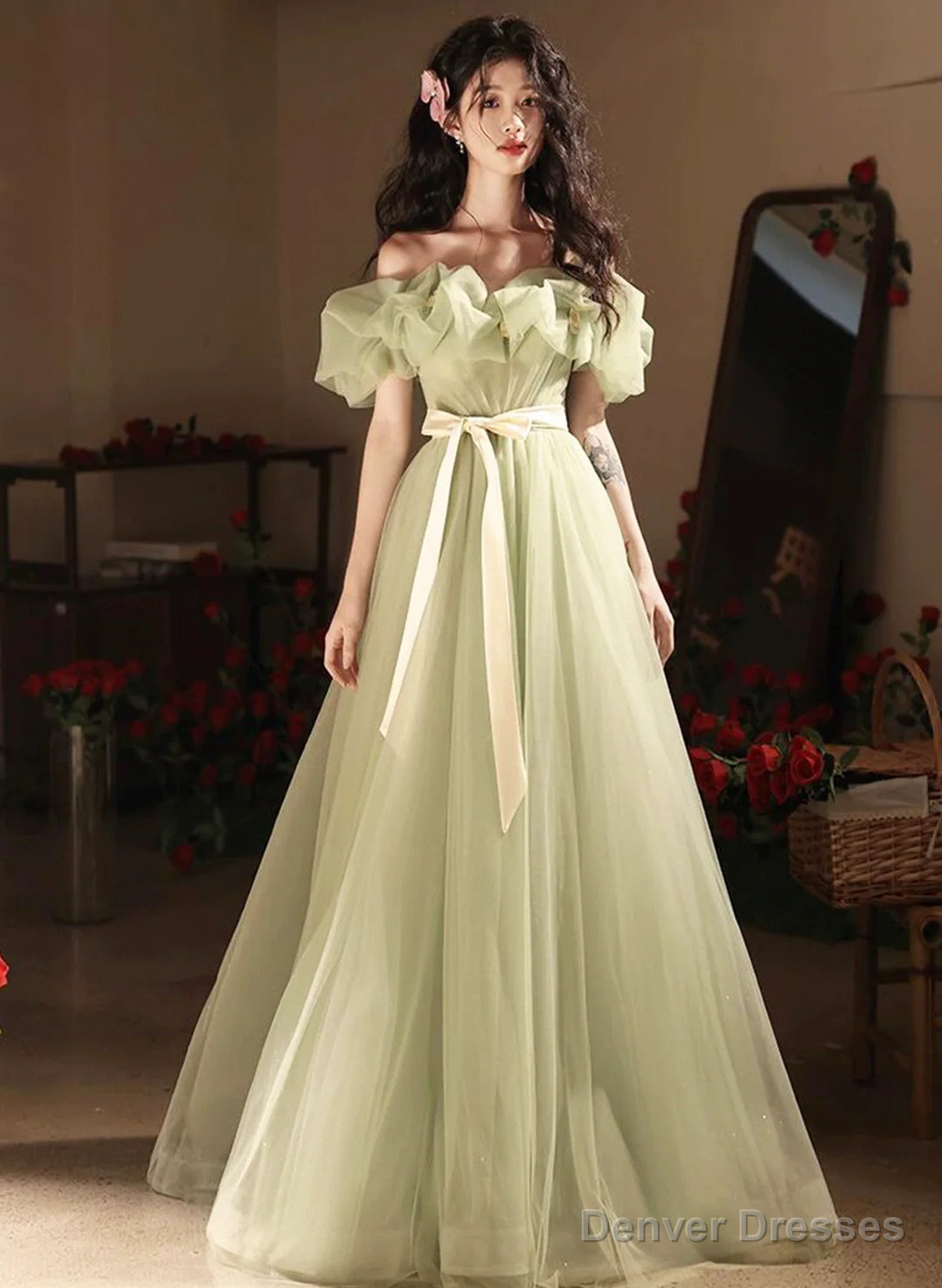 Green Off Shoulder Tulle A-line Floor Length Party Dress, Green Tulle Prom Dress Main image