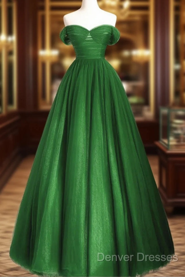 Green Off Shoulder Tulle A-Line Long Party Dress, Green A-Line Prom Dress