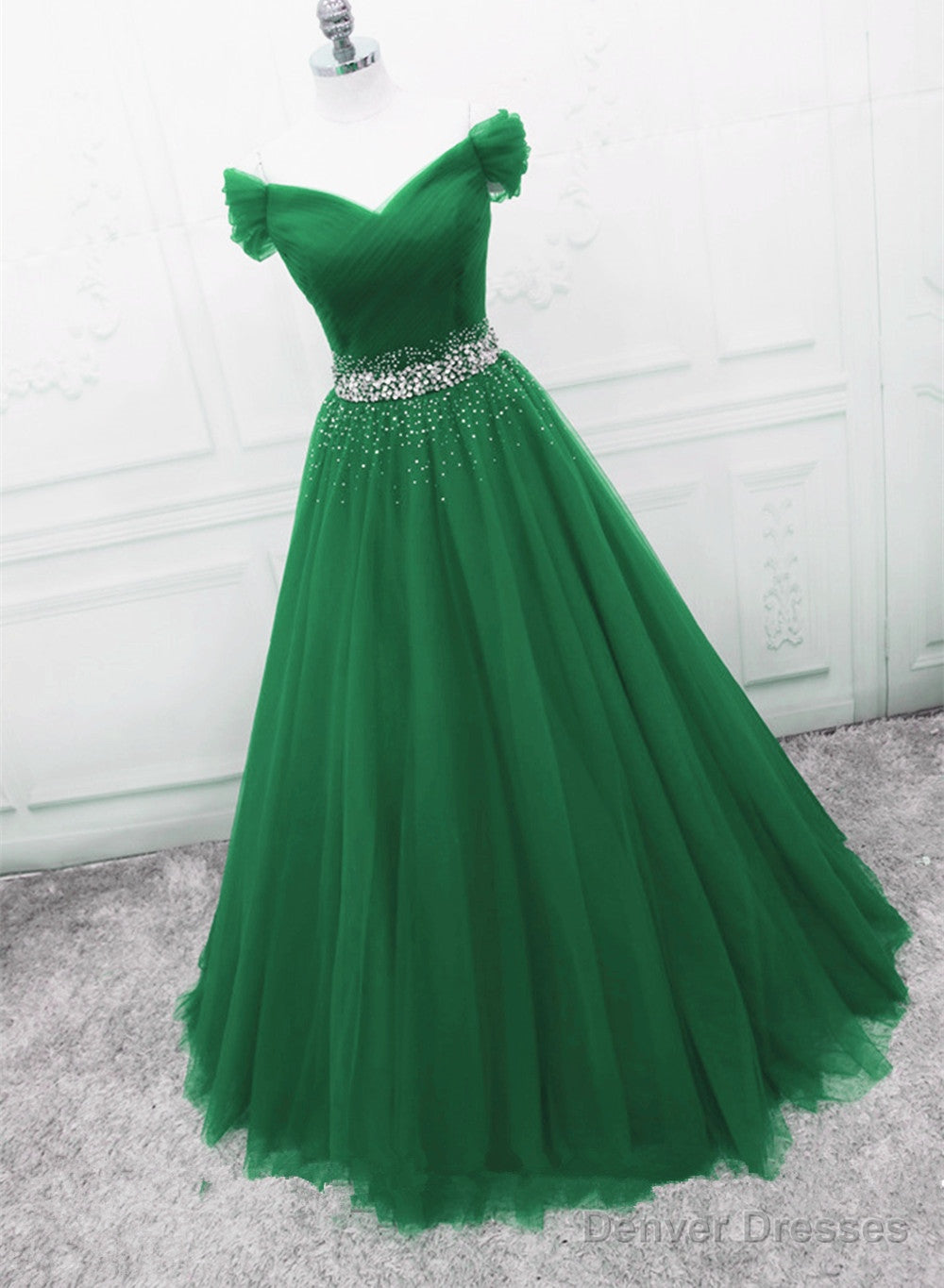 Green Off Shoulder Tulle Beaded A-line Formal Dress, Green Floor Length Long Prom Dress Secondary image