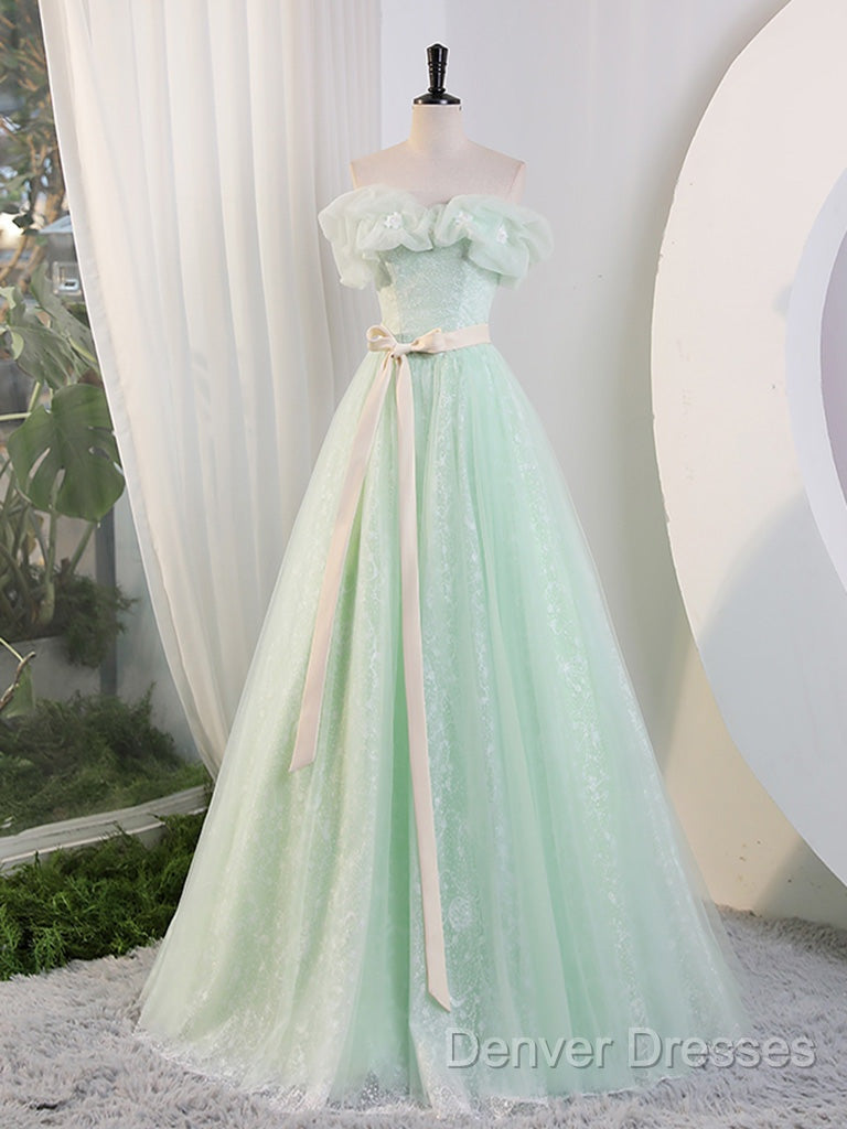 Green Off Shoulder Tulle Green Long Prom Dress, Green Lace Long Sweet 16 Dress Secondary image