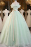 Green Off Shoulder Tulle Green Long Prom Dress, Green Lace Long Sweet 16 Dress
