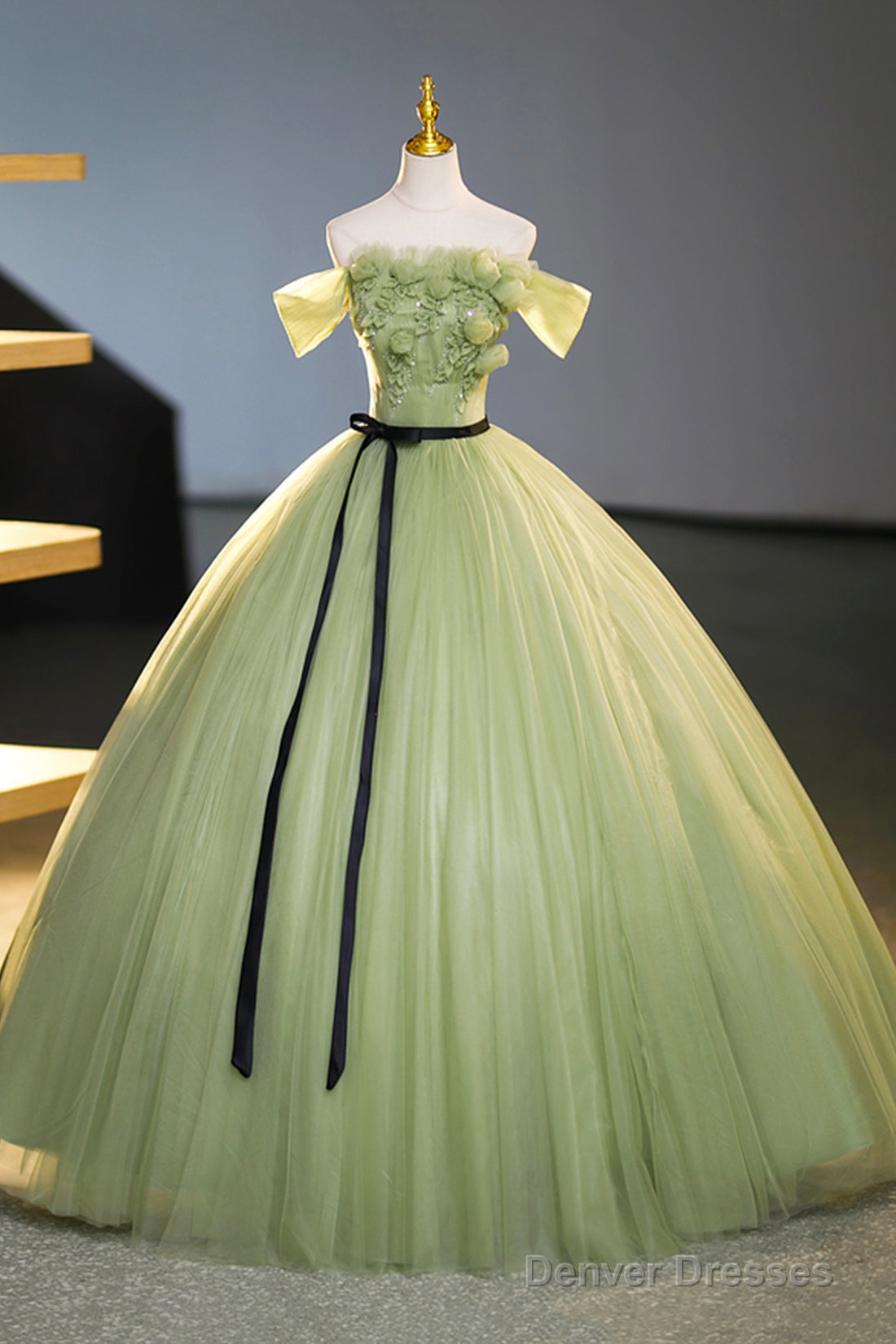 Green Off-Shoulder Tulle Long Formal Dress, Beautiful A-Line Evening Dress