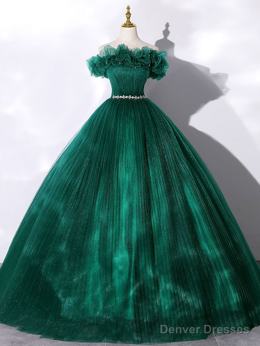 Green Off Shoulder Tulle Long Prom Dress, Green Sweet 16 Dress Secondary image