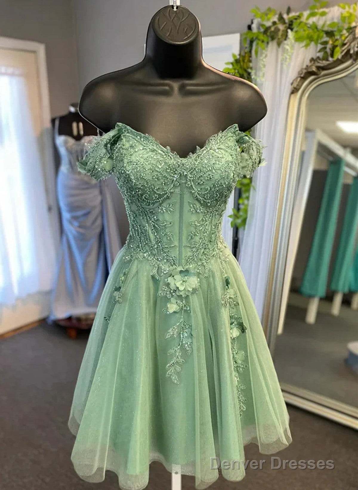 Green Off Shoulder Tulle With Beaded Short Party Dress, Green Homecoming Dress Main image