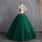 Green Off Shoulder Tulle with Lace Formal Gown, Green Evening Sweet 16 Dresses