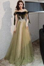 Green Off Shoulder Velvet And Tulle Long Evening Dress With Lace, Long Prom Dresses