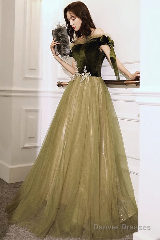 Green Off Shoulder Velvet And Tulle Long Evening Dress With Lace, Long Prom Dresses
