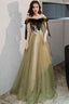 Green Off Shoulder Velvet And Tulle Long Evening Dress With Lace, Long Prom Dresses