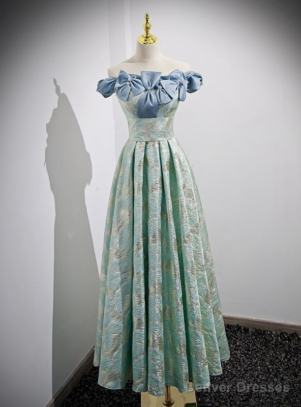 Green Off the Shoulder Bow Prom Dress Main image