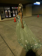 Green Strapless Long Prom Dress With Appliques