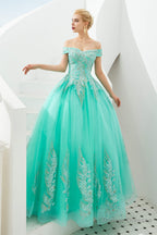 Off the Shoulder Sweetheart Applique A-line Floor Length Prom Dresses