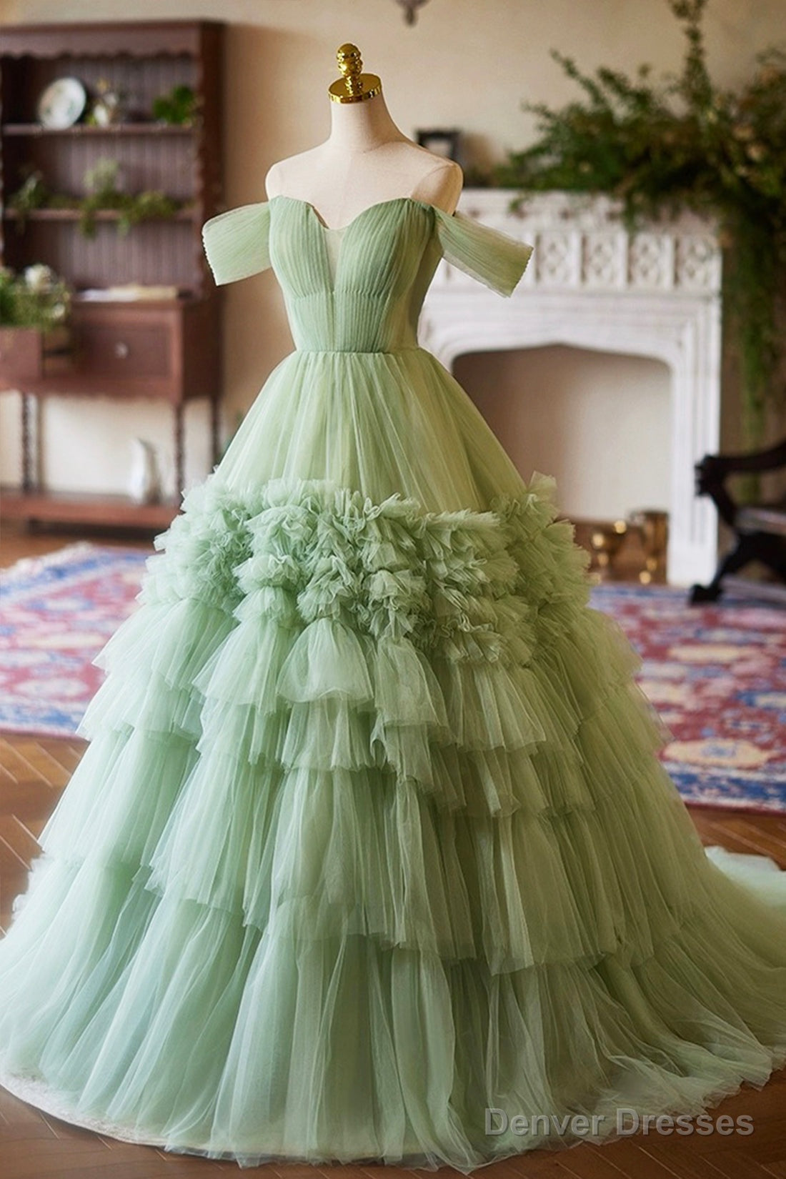 Green Off the Shoulder Tulle Layers Long Formal Dress, Green Evening Party Dress Secondary image