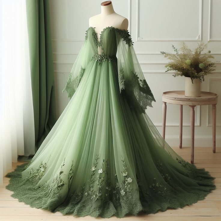 Green Off The Shoulder Wedding Dress Lace Applique V-Neck Tulle Bridal Gown Secondary image