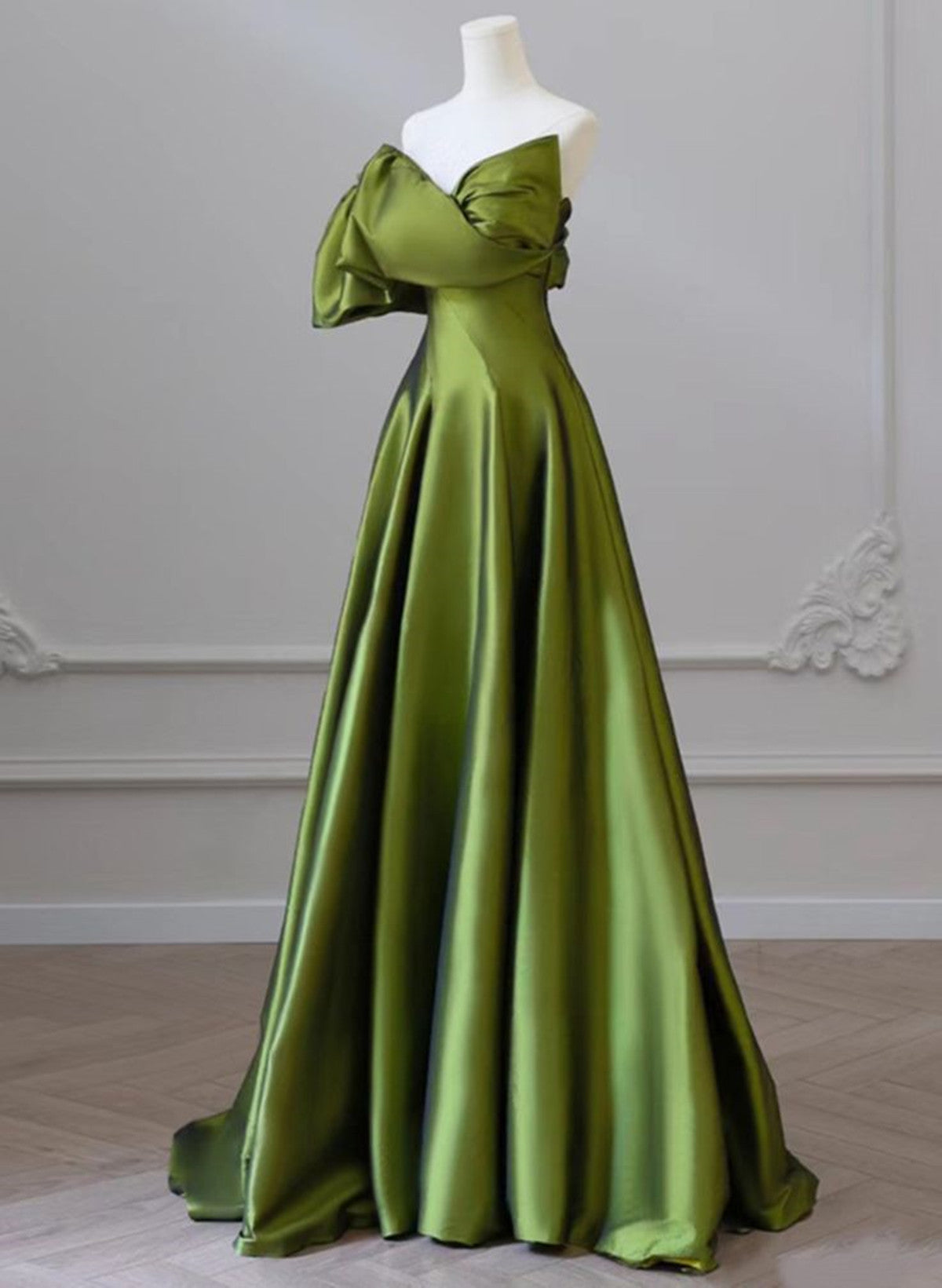 Green One-Shoulder Short Sleeves Backless Sweep Train Prom Dress, Green Party Dress Secondary image