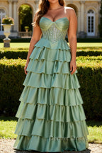 Green Princess Sweetheart Beaded Tiered Corset Long Prom Dress with Slit