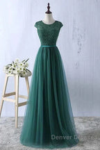 Green Prom Dress Scoop Tulle & Lace With Sash A Line Sweep Train Floor Length Elegant