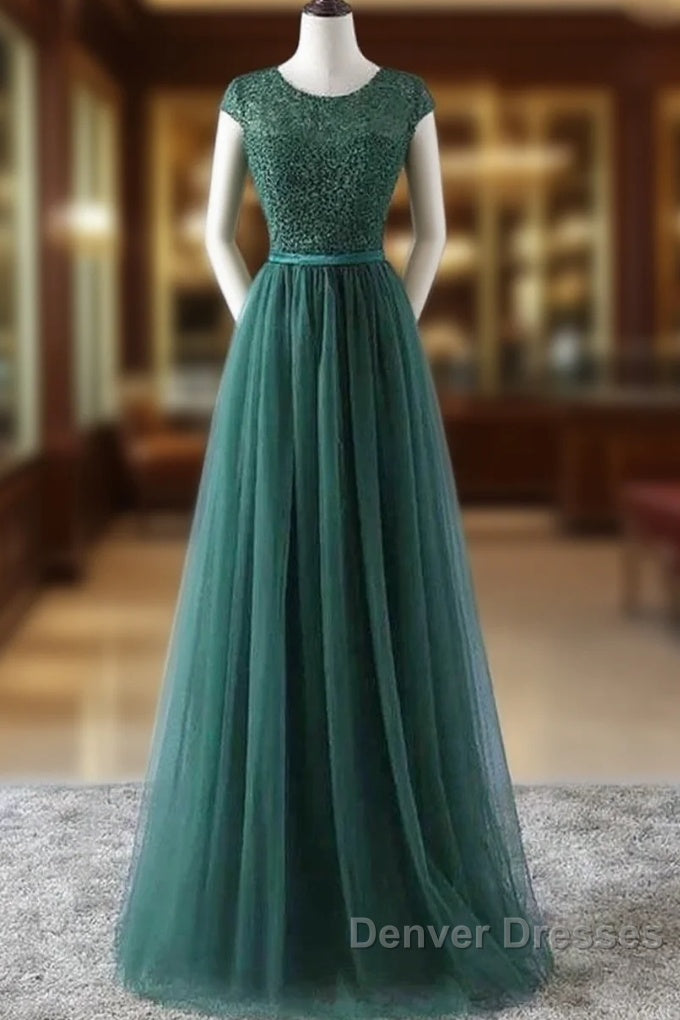 Green Prom Dress Scoop Tulle & Lace With Sash A Line Sweep Train Floor Length Elegant Main image
