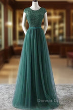Green Prom Dress Scoop Tulle & Lace With Sash A Line Sweep Train Floor Length Elegant