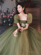 Green Puffy Short Sleeves Tulle Prom Party Dress, Green Evening Dresses