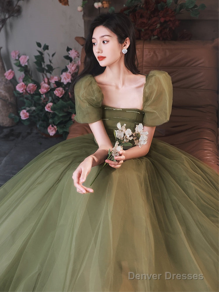 Green Puffy Short Sleeves Tulle Prom Party Dress, Green Evening Dresses