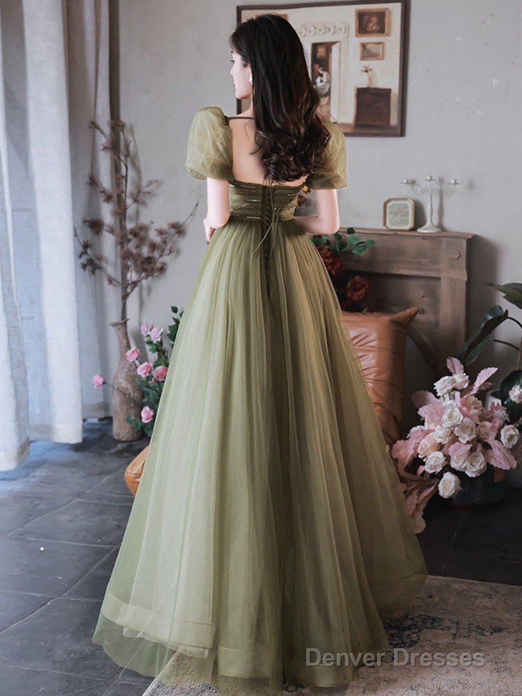 Green Puffy Short Sleeves Tulle Prom Party Dress, Green Evening Dresses